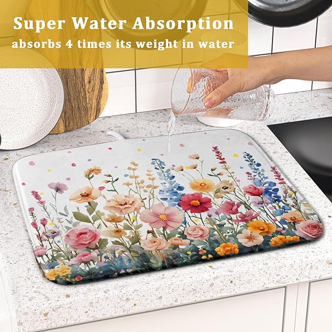 Colorful Flower Dish Drying Mat 16x18 Inch Botanical Floral Drainer Rack Mats Washable Absorbent Dish Dry Pad for Kitchen Counter Sink