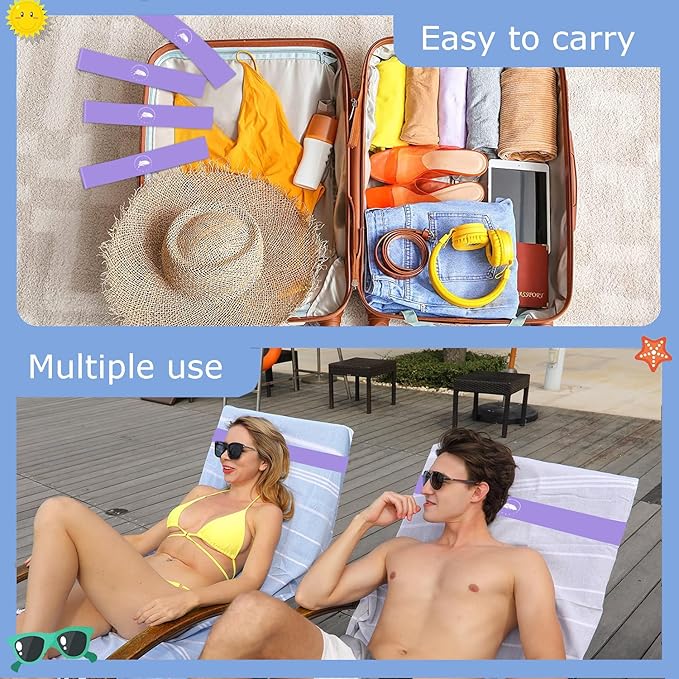 Towel Bands (6 Pack) - Stretch Beach Towel Clips for Beach, Pool, Cruise Chairs; Purple