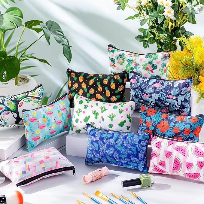 Reginary 20 Pieces Cosmetic Bags Bulk for Women Flamingo Watermelon Cactus Roomy Makeup Bags Gifts with Zipper Summer Beach Toiletry Bag Pouch Travel Accessory Organizer Gifts, 7 x 4.3 Inches