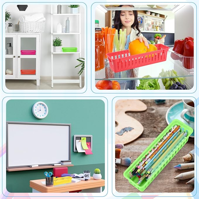 12 Pcs Colorful Slim Plastic Storage Baskets Tray 10 x 3 x 2.5 Inch Compact Stackable Desk Organizer for Office, Classroom, School Supplies, and Home Storage, Organization(Colorful)