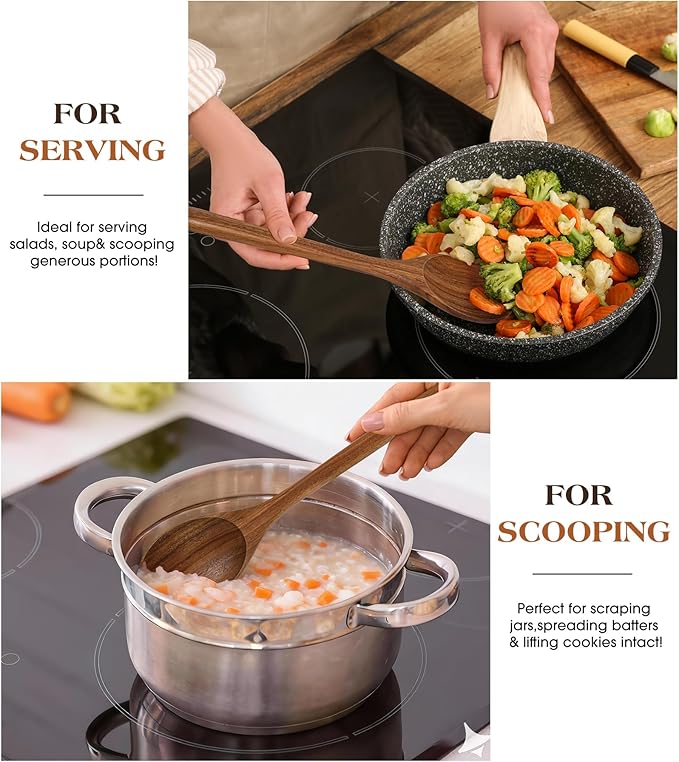 2PCS Wooden Spoons for Cooking, Natural Acacia Wood Cooking Spoons, Large Serving Spoons for Nonstick Cookware, Heat Resistant Durable Wooden Kitchen Utensils for Mixing Salad, Serving and Stirring