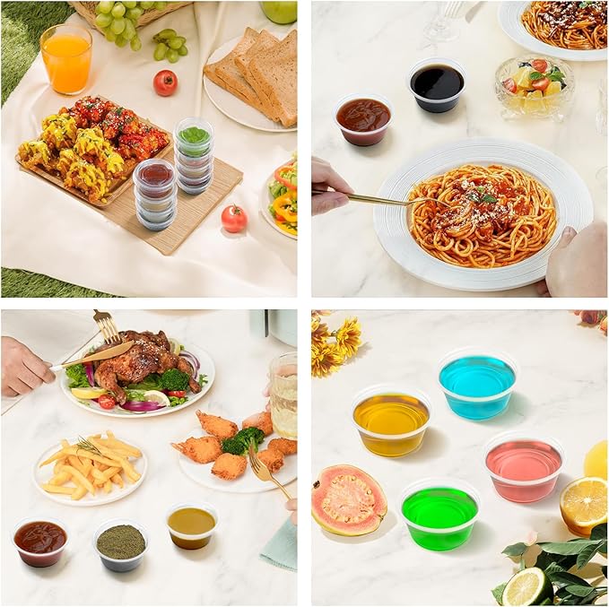 Dealusy 360 Set 2 oz Jello Shot Cups with Lids, Sturdy & Food Safe Disposable Plastic Portion Condiment Dipping Sauce Cups, Small Containers for Salad Dressing