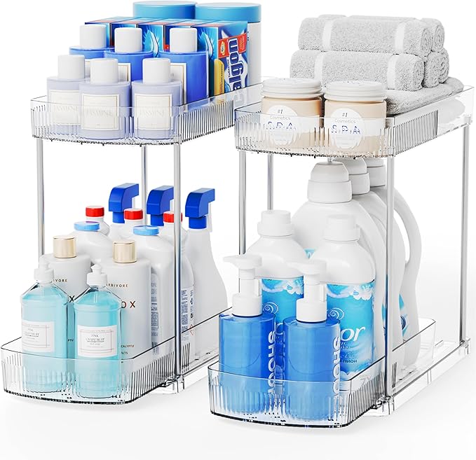 Yieach 2 Sets 2 Tier Pull Out Kitchen Under Sink Organizer and Clear Bathroom Undersink Organizers for Cleaning Products Storage,12.8 Inch Tall Sliding inder Cabinet Shelf,Under Counter Organization