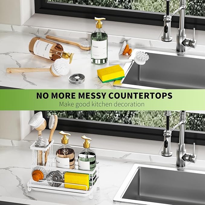 Cisily Stainless Steel Kitchen Sink Caddy Organizer, Sponge Holder for Sink Rustproof, Non-Slip Soap Dish Dispenser Brush Holder Storage, Home & Kitchen Essentials Accessories (White)