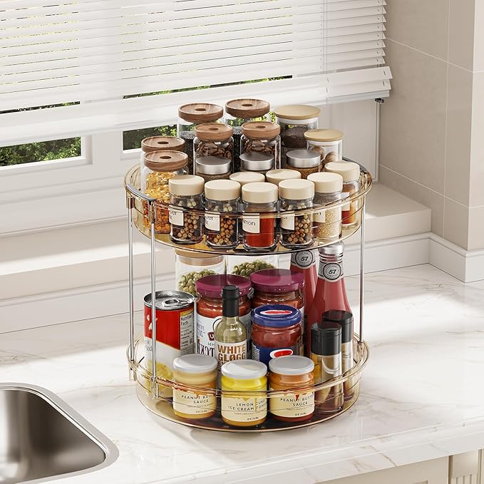 LAMU 2 Pack 2-Tier Lazy Susan Turntable Organizer 12'' Rotating Spice Rack Organization for Cabinet, Kitchen, Pantry, Countertop, Bathroom, Vanity, Medicine Cabinet Organizer, Amber
