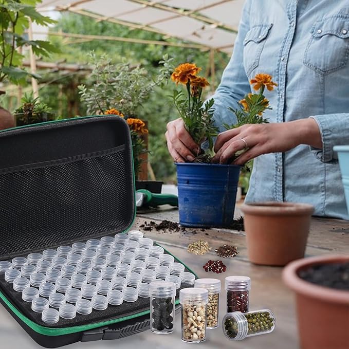 Douorgan Seed Storage Box, Portable Seed Saving Box, Sturdy Seed Organizer Kit Seed Envelopes Funnel Label, Seed Container for Flower Plants Vegetable Seed, M-60 Slots