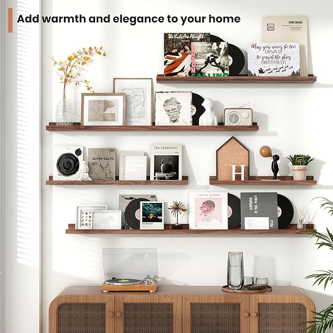 Fun Memories Picture Ledge Shelves Set of 2, 36 Inch Rustic Wall Mounted Floating Shelves with Lip for Home Storage and Decor in Bathroom, Kitchen, Nursery, Bedroom, Living Room, Walnut