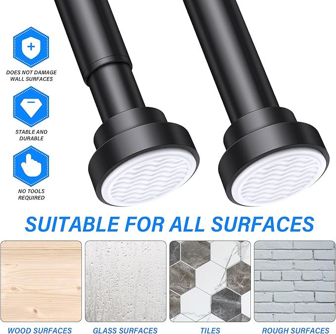 Suranew 25-38" Black Heavy Duty Spring Tension Shower Curtain Rod, No Drill Stainless Steel Rust-Resistant Adjustable Bathroom/Closet Rod with Non-Slip Pads