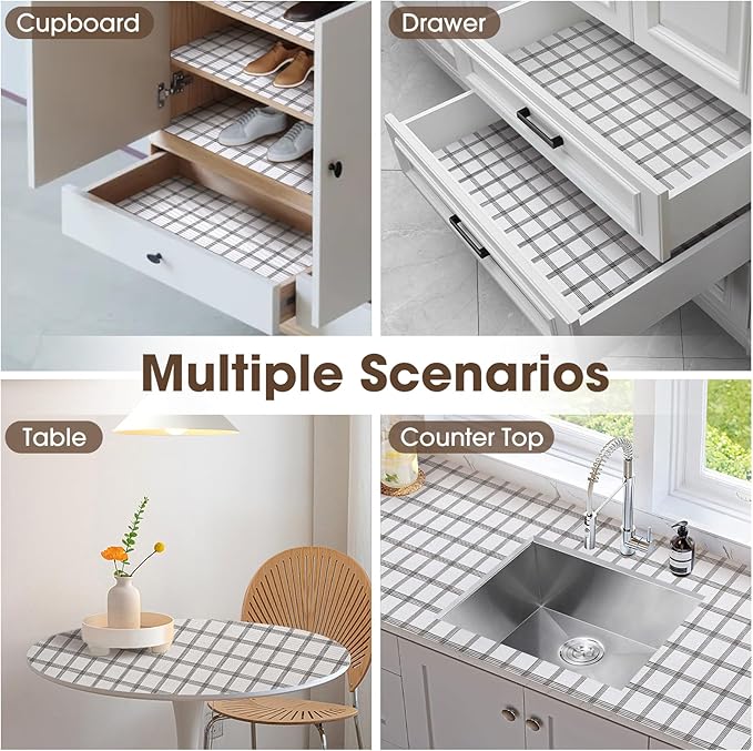Drawer and Shelf Liner, Non-Slip Kitchen Cabinet Liners Non-Adhesive Thick Strong Grip Waterproof Washable Mats Protect Dresser Shelves Cupboard Bathroom Cabinets, White Stripes, 20 in X 30 FT