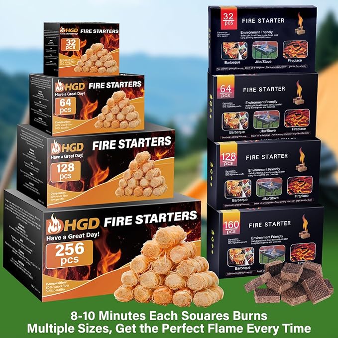 HGD Natural Fire Starters (256 Pcs) - Waterproof & Odorless Charcoal Starters for Fireplace, Campfire, BBQ, Grill, Fire Pit, Wood & Pellet Stove, Chimney, Pizza Oven & Smoker - Indoor & Outdoor Use