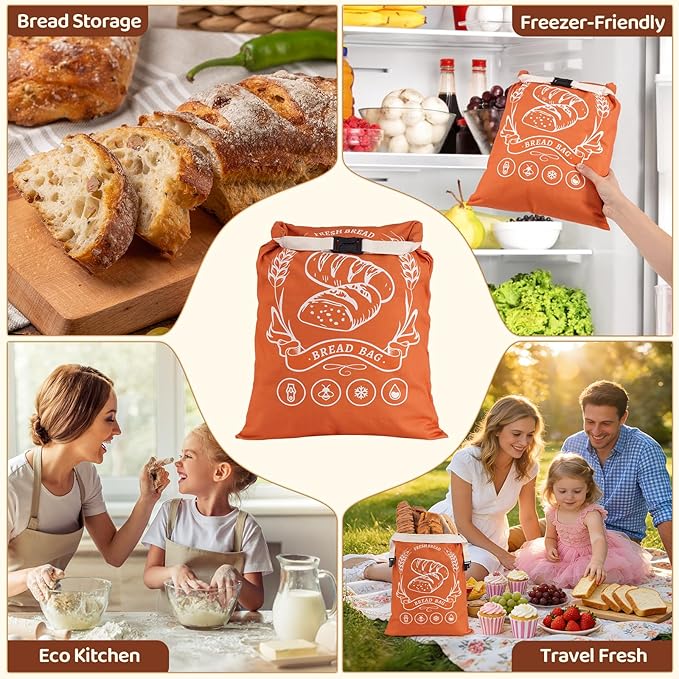 2 Pack Beeswax Bread Bags with Zipper, XL(13x17in) Sourdough Bread Storage for Homemade, Freezer Storage Bag to Keep Fresh, Cotton Beeswax Container, Baguette Bag with Liner, Kitchen Baking (Orange)