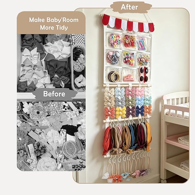 kangaroo Headband Holder Hair Bows Organizer for Baby Girls Large Capacity Bow Holder Hair Accessories Wall Hanging Organizer for Toddler Baby Girl Nursery Room Decor(Multi-pocket style)