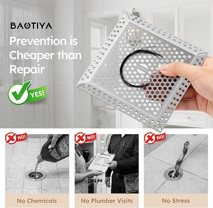Not Moving Shower Drain Hair Catcher,Effective Hair Catcher Shower Drain,Square Flat Shower Drain Cover Protector Filter,Efficient Drainage,Hair Trap Stopper (Gray, 4 inch)