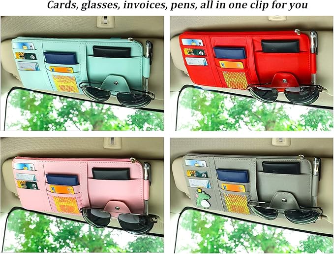 Car Sun Visor Organizer, Auto Interior Accessories Pocket Organizers, Personal Belonging Storage Pouch Organizer, Pouch Holder with Multi-Pocket Net Zippers (Red)