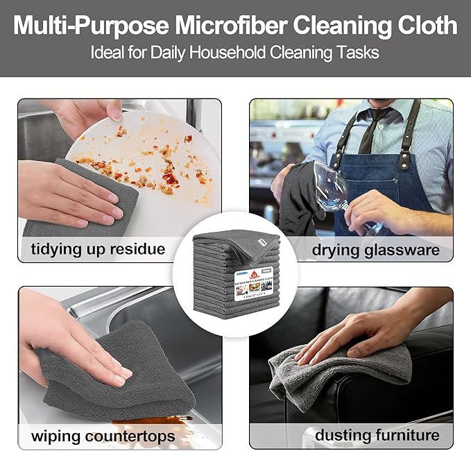 HOMERHYME Microfiber Cleaning Cloth, 12 Pack Grey Cleaning Rags, 12" X 11" Lint Free Dish Towels Wash Cloths, Reusable Microfiber Towels for Home and Kitchen Bathroom Apartment Cleaning Supplies