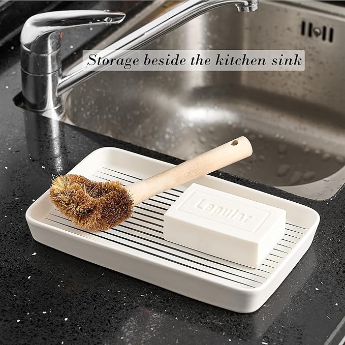 10"×6"×1" White Bathroom Vanity Tray for Countertop- Ceramic Decorative Organizer Tray for Dresser Tops, Toilet, Perfume, Sponge Holder Soap Dish Dispenser for Kitchen Counter- Black Stripes