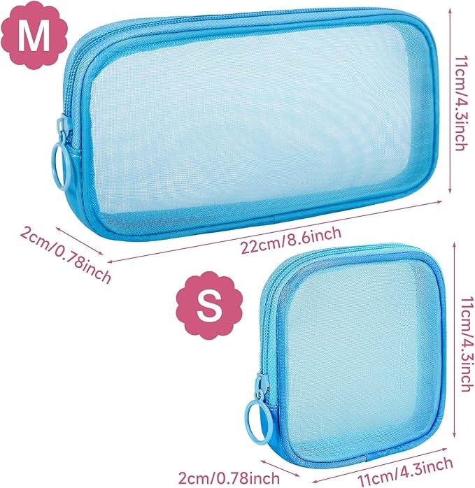 4 Pieces Mini Zipper Nylon Mesh Pouch, Mesh Cosmetic Bags Makeup Bags, Multipurpose Travel Toiletry Bags for Office Supplies and Travel Accessories (Navy Blue, M)