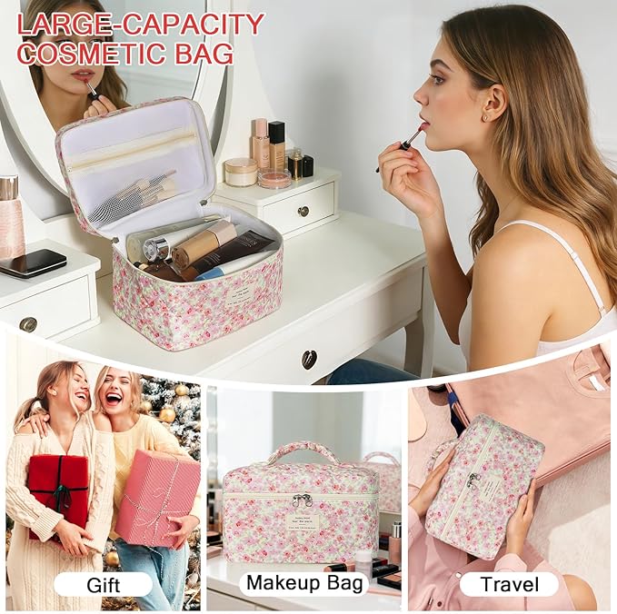 Gosect 1pc Large Makeup Bag, Cute Cosmetic Bag for Women Girls, Floral Coquette Aesthetic Toiletry Bag, Travel Makeup Organizer Bag (Pink Floral Print)