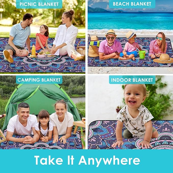 Waterproof Picnic Outdoor Blanket, 79" x 59" Sandproof Foldable Large Picnic Blanket for Beach, Camping, Park, Travel, Concert, Great Gift for Families and Couples (Boho Flowers)