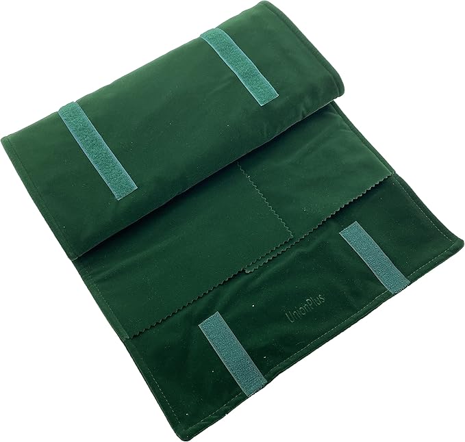 UnionPlus Velvet Travel Jewelry Roll Bag Organizer for Necklace, Elastic Band and Anti-winding, Large, Blackish Green
