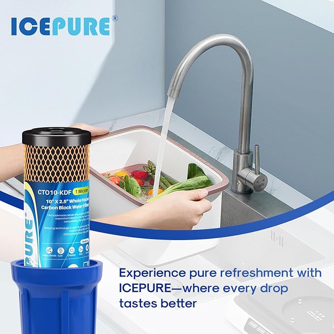 ICEPURE 1 Micron 2.5" x 10" Whole House Water Filter Coconut Shell Activated CTO Carbon and KDF Cartridge for Home, Compatible with WFPFC8002, WFPFC9001, FXWTC, SCWH-5, WHEF-WHWC, AMZN-SCWH-5, 4PACK