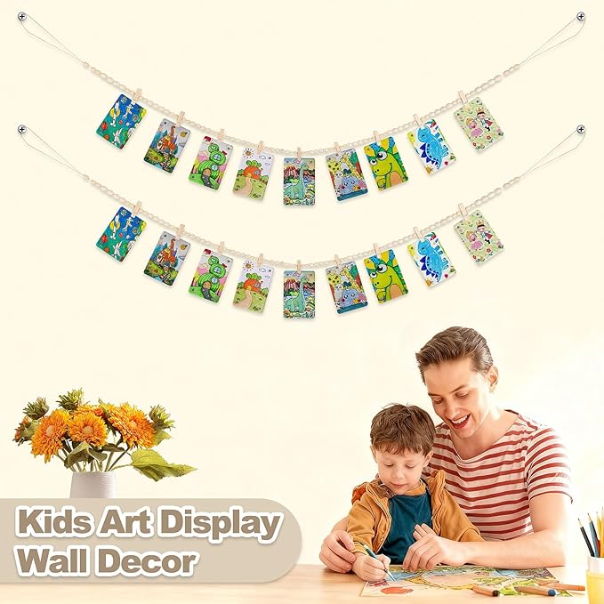 2 Pack Hanging Photo Display with Clips, Boho Wooden Bead Garland Wall Decor, Collage Picture Frame String with 9 Clips for Bedroom Living Room Dorm Office, Christmas Birthday Gifts for Teen Girls