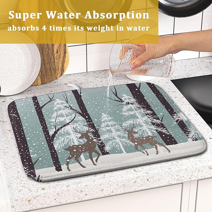 Winter Wildlife Deer Dish Drying Mat for Kitchen Counter,Xmas Landscape Snow Tree Ivory Drying Mat 16 x 18 Inch with High Absorbent Microfiber Drainer Mat for Coffee Bar