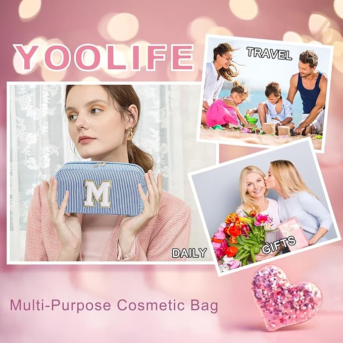 YooLife Monogram Initial Blue Cosmetic Bag - Personalized Makeup Toiletry Case for Women, Mom, Bridesmaid, Best Friend, Sister, Teacher Gifts