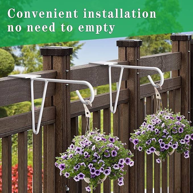 moonoom 4 Pcs Adjustable Vinyl Fence Hooks, Patio Hangers Decorative White Powder Coated Steel Fence Hangers Suitable for Hanging Plants, Lights, Basket (4pcs White)