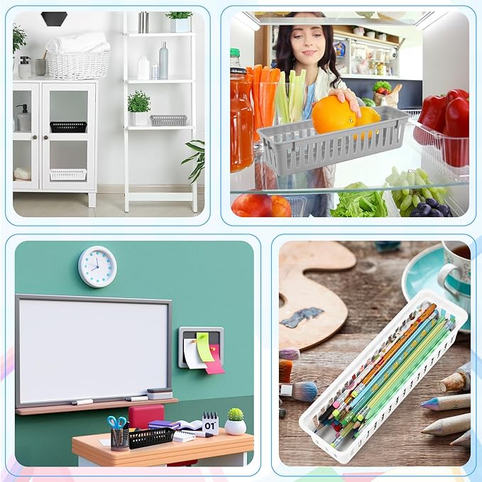 12 Pcs Black,White,Gray Slim Plastic Storage Baskets Tray 10 x 3 x 2.5 Inch Compact Stackable Desk Organizer for Office, Classroom, School Supplies, and Home Storage, Organization(Black,White,Gray)