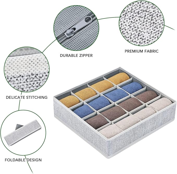 Joyoldelf Sock Drawer Organizer Divider Underwear Organizer 16-cell Fabric Dresser Drawer Organizers Storage Boxes for Socks, Lingerie, Handkerchiefs, Ties, 4 Pack (Blended-Grey)