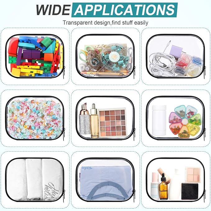 Sanwuta 6 Pcs Clear Hard Zipper Case Plastic Zipper Pouches Transparent Makeup Bag Pencil Case Pouches Toiletry Diaper Bag for Travel Toy Storage Organizer Bins (Black, 7.87 x 5.9 x 2 Inch)