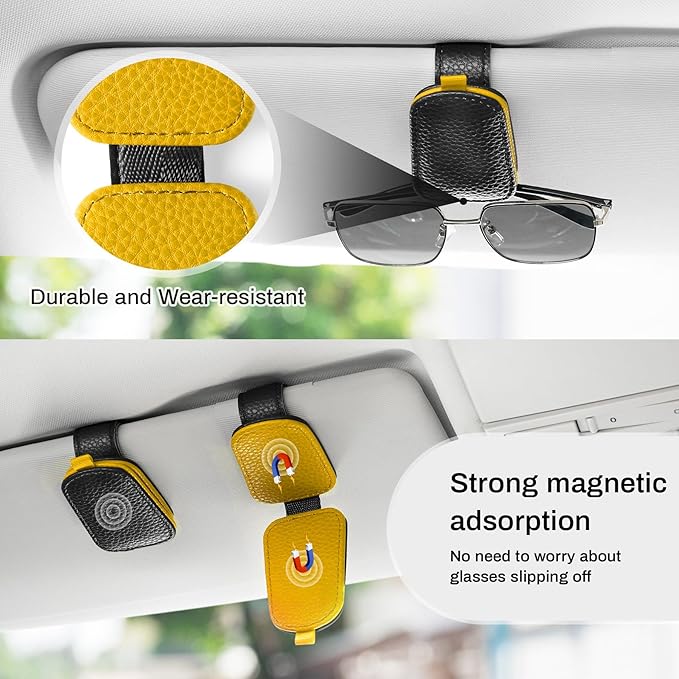 SINGARO Sunglasses Holder for Car, Leather Magnetic Buckle Sun Visor Sunglass Clip, Ticket Card Storage Glasses Clip, Car Interior Accessories for Men and Women(2PCS Black-Yellow)