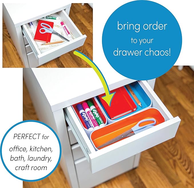 Three by Three Seattle 10-Piece Metal Organizer Tray Set for Storing Makeup, Stationery, Utensils, and More in Office Desk, Kitchen and Bathroom Drawers (2 Inch, Assorted Colors)