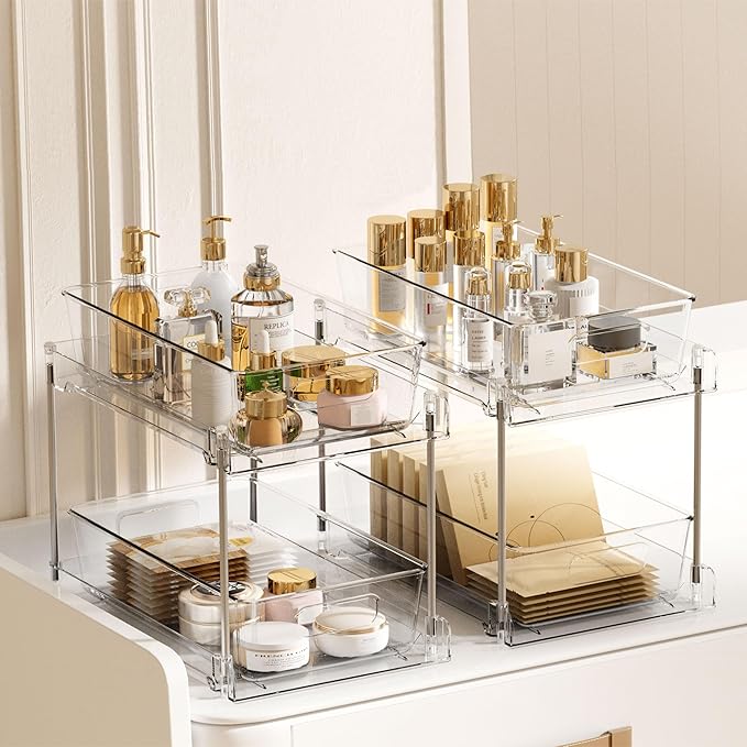Vtopmart 8 Pack Bathroom Organizer, 2 Tier Clear Under Sink Organizers Vanity Countertop Storage Container, Cabinet Drawers Bins, Pull-Out Organization with Track for Pantry, Kitchen