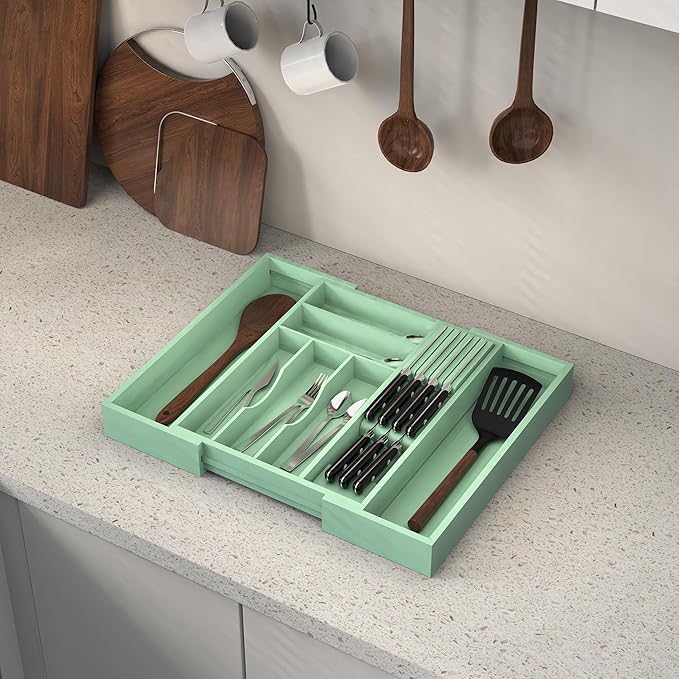 Bamboo Kitchen Drawer Organizer, Expandable Silverware Organizer with Removable Knife Block, 6-8 Slots - Utensil Holder & Cutlery Tray Drawer Dividers, 2.36" Deep for Extra Capacity, Cyan