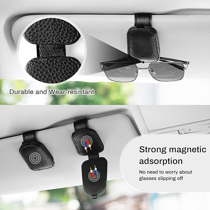 SINGARO Sunglasses Holder for Car, Leather Magnetic Buckle Sun Visor Sunglass Clip, Ticket Card Storage Glasses Clip, Car Interior Accessories for Men and Women(2PCS Black)
