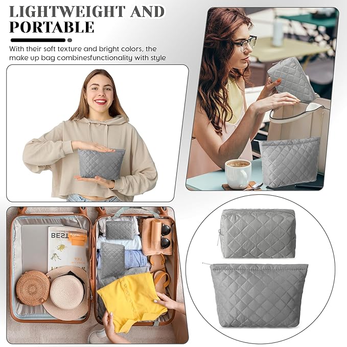 2 Pcs Pencil Case Quilted Makeup Bag Aesthetic Cosmetic Pouch for Women Puffer Travel Toiletry Bag Set Cotton Small Purse Pouch Makeup Organizer with Zipper(Gray)