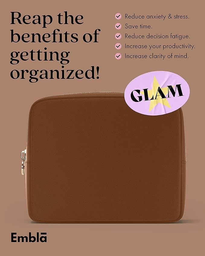 Embla Makeup Bag Travel Cosmetics Pouch and Toiletry Bag, Nylon Zipper Pouch Purse, Cute Make Up Organizer Storage Tote for Women Girls, Waterproof Travel Skincare Case, Large Makeup Bags, Chocolate