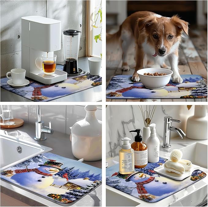 Winter Snowman Dish Drying Mat for Kitchen Counter 16x18 Snow Cardinals Pine Tree Christmas Drying Mats Microfiber Absorbent Dishes Pad Dish Drainer Rack Mats for Coffee Bar Sinks Kitchen Accessories