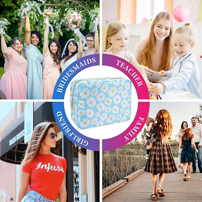 Waterproof Nylon Large Makeup Bag Travel Pouch, Floral Preppy Big Cosmetic Bag Make Up Organizer Toiletry Bag with Zipper, Large Capacity Cute Zipper Pouch Storage Bag for Women Girls(Blue Daisy)