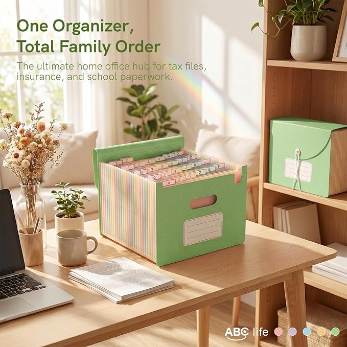 ABC life 26 Pockets Accordion File Organizer, High Capacity Expanding File Folder for Letter A4 Size, Portable Document Holder with A-Z Tabs for Tax Receipt, Teacher & Home Office - Meadow Green