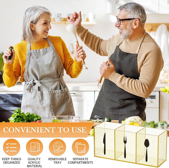 Suzile Acrylic Cutlery Storage Organizer Bin Silverware Caddy Countertop Knife Spoon and Fork Holder Kitchen 3 Section Tableware Storage Box for Cabinet Indoor Home Flatware Dining Room(Gold Pink,M)