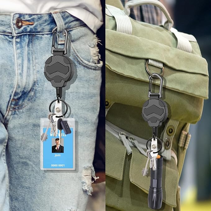VYNCS Retractable Keychain Badge Holder with Belt Clip, Heavy Duty Carabiner ID Badge Clip Reel, 32” Steel Retractable Cord, 10 oz Rebound,2pcs Black Keychain