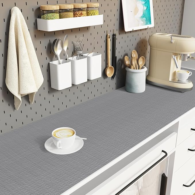 Drawer Liner, Shelf Liners for Kitchen Cabinet Waterproof & Oil-Proof Cupboard Liner Non-Slip Drawer Mat PVC Material Non Adhesive Kitchen Liner for Countertop Gray 23.6 x 157.4 Inches