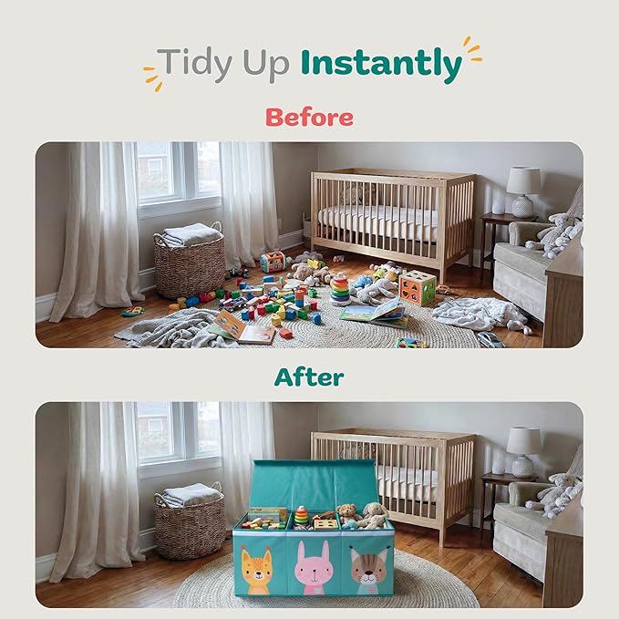 Extra Large Toy Storage Organizer with Lid - Sturdy, Collapsible Toy Chest Storage Box with Cute Design - Toys Bin with Dividers for Kids, Boys, Girls, Nursery, Bedroom, Play room 37"x16"x14"