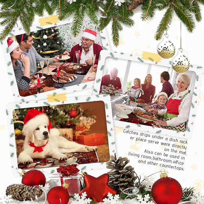 2 Pcs XXL Christmas Dish Drying Mat,Absorbent Microfiber Mats with Santa Claus Snowman Pattern,Large 24 x 17" Dishes Drainer Pad for Xmas Decoration,Winter Festival,Kitchen Counter,Coffee Countertops