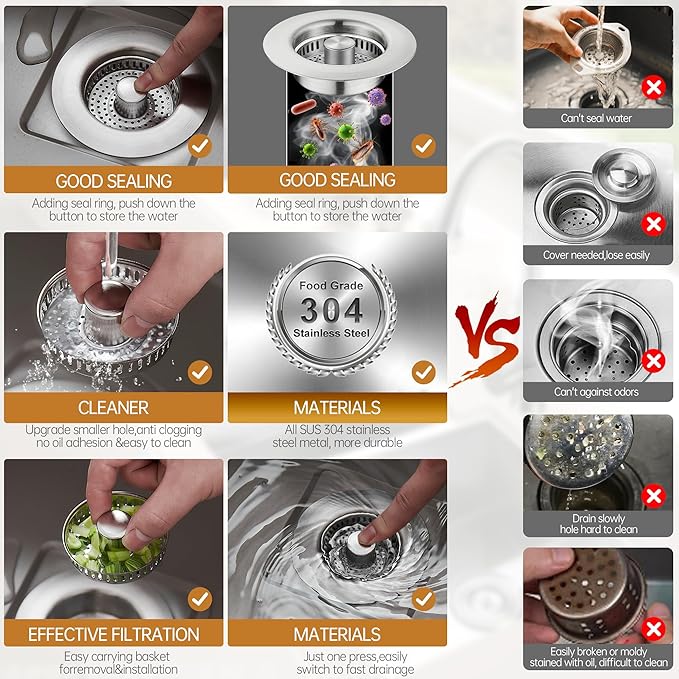 YYKBZ 3 in 1 Kitchen Sink Drain Strainer,Stainless Steel Sink Stopper,Pop Up Sink Plug Fast Drain Deodorizer Anti-Clog, Strainer for Kitchen Standard 3-1/2" Easy to Install(2pcs)