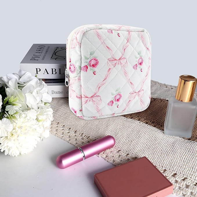 Small Quilted Cotton Makeup Bag for Purse Mini Cosmetic Period Bag for Women Cute Pink Flower Bow Makeup Sanitary Pouch Portable Travel Toiletry Bags with Zipper Christmas Birthday Gifts