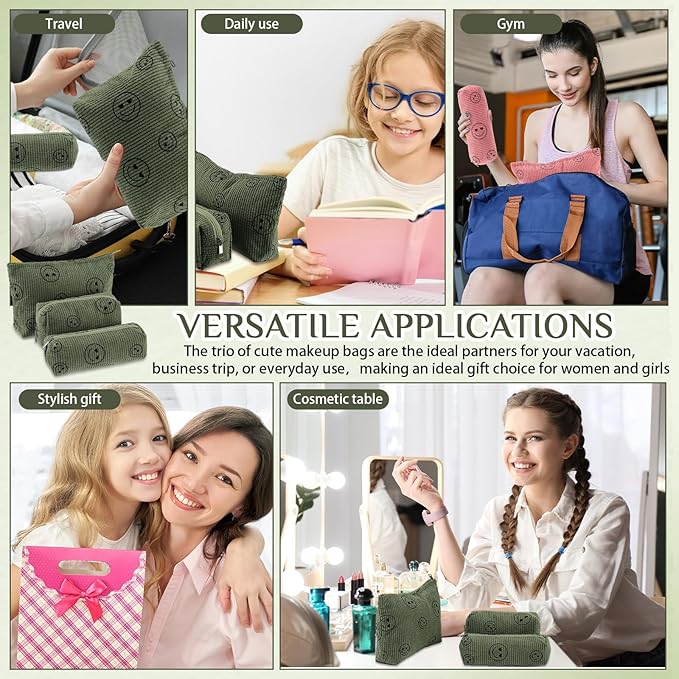 3 Pcs Makeup Bag Set for Women Corduroy Cosmetic Pouch Aesthetic Smile Travel Toiletry Bag Cute Purse Pouch Pencil Case Makeup Brushes Storage Organizer for Christmas(Army Green,Smile Face)